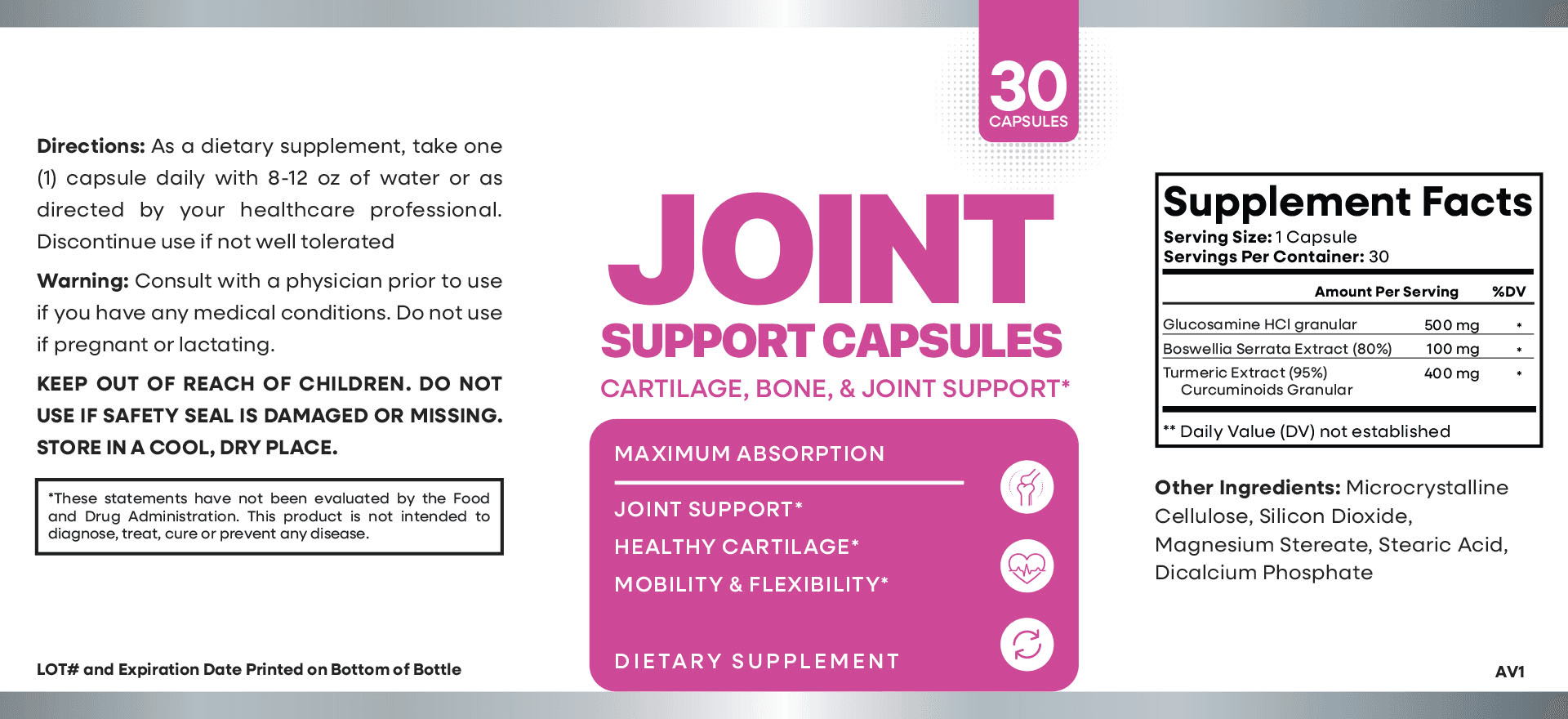 Joint Support ingredient label and supplement facts