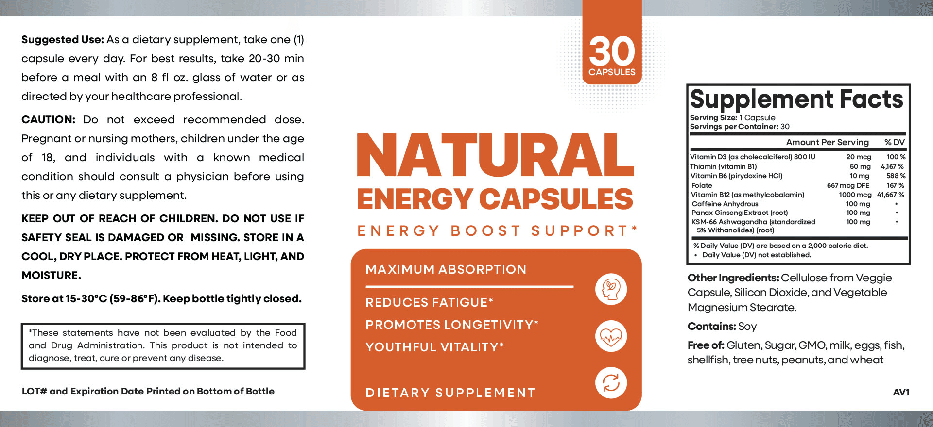 Natural Energy ingredient label and supplement facts
